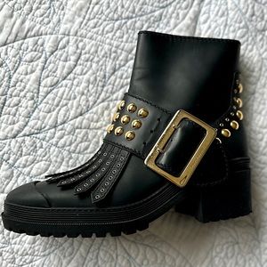 Burberry Whitchester Black Leather Fringe Gold Studded Belted Boots
